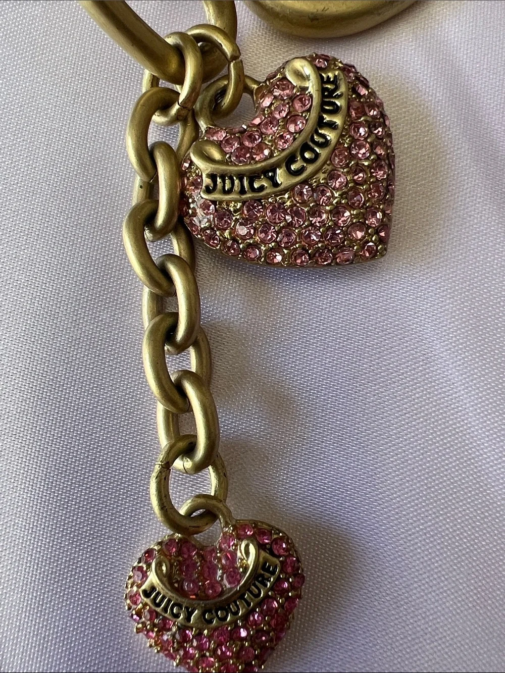 Juicy Couture Vintage Gold-Tone Heart Keychain with Pink Crystal Heart Charms